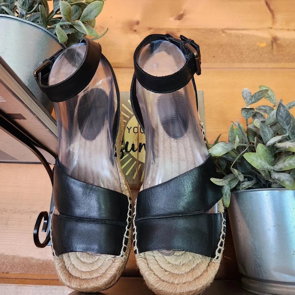 Nine West 💜 Edwisha Espadrilles Wedge Platform Sandals Black Leather Shoe 6.5 M